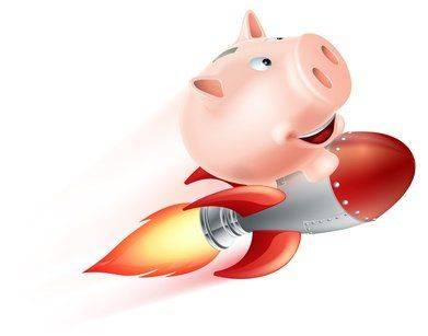An illustration of a piggy bank riding on a rocket flying through the air